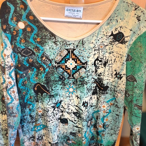 Cactus Bay Women's Teal and Black Graphic Blouse - Picture 1 of 10